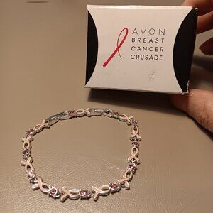 Avon Breast Cancer Crusade Pink Ribbon & Rhinestone Tennis Bracelet - NIOB